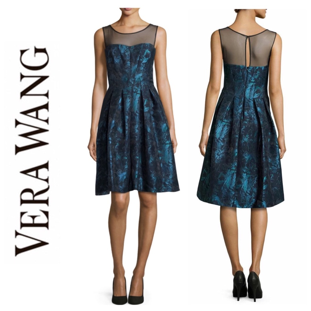 Vera Wang Fit-and-Flare Illusion Neck Dress - Picture 1 of 6